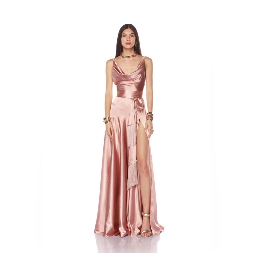 NEW Bronx Banco Leo Peach Maxi Dress,  Satin Cowl Neck Pink Evening Gown